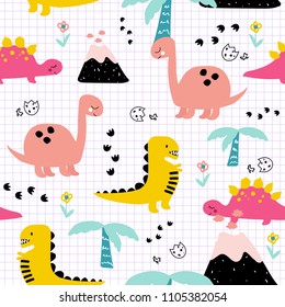 Cute childish seamless pattern with dinosaurs in the jungle. Vector hand drawn illustration.