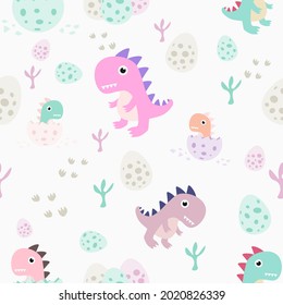 Cute childish seamless pattern with dinosaurs, egg and footprint in the jungle. Vector hand drawn illustration. dino cute pastel pink, green , brown and orage for use wallpaper.