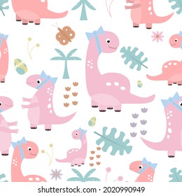 Cute childish seamless pattern with dinosaurs in the jungle. Background for textile and fabric. Vector illustration.