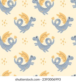 Cute childish seamless pattern with dragon. Funny hand drawn pastel colored endless background with fantasy creature and dots for kids. Faifytale repeat vector illustration.