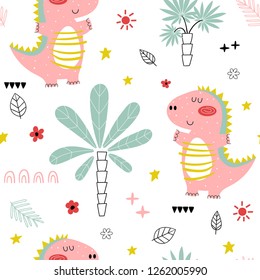 Cute childish seamless pattern with dragons and palm trees. Vector hand-drawn illustration. 