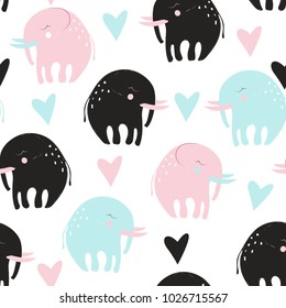 Cute childish seamless pattern with elephant. Vector hand drawn illustration.