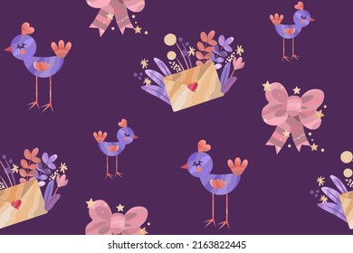 Cute childish seamless pattern with envelope, birds, and ribbon. Can be used for wallpaper in nursery room, textile design for children clothes.