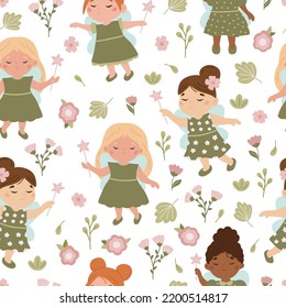 Cute childish seamless pattern with fairy and flowers. Cartoon fairy tale characters. Nursery decoration background. Vector illustration.