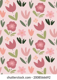 Patrón infantil sin costura, con flores y hojas. Textura infantil creativa para tela, envoltura, textil, papel pintado. Fondo vectorial con flores dibujadas a mano en un sencillo estilo escandinavo.