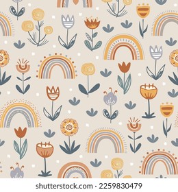 Cute childish seamless pattern with flowers and rainbows in scandinavian style, vector. Perfect for childish fashion prints, baby room wallpaper, textiles.