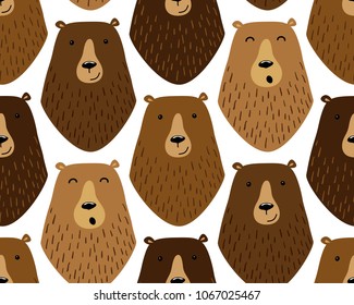 Cute childish seamless pattern with funny hand drawn cartoon characters of different bears