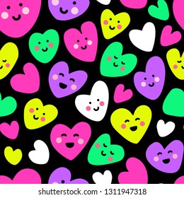 Cute childish seamless pattern with funny kawaii cartoon characters of hearts in 80s style