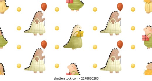 cute childish seamless pattern with funny dinosaurs, dinos with gifts, flowers. Cartoon dragon illustration