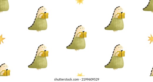 cute childish seamless pattern with funny dinosaurs, dinos with gifts, flowers. Cartoon dragon illustration