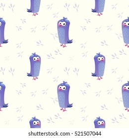 Cute childish seamless pattern with funny cartoon blue bird. Vector texture.