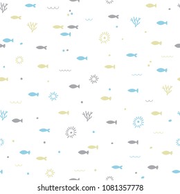 Cute childish seamless pattern. Hand drawn funny little fish. Marine background. Kids texture. Sea, ocean. Vector illustration