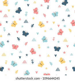 Cute childish seamless pattern with hand drawn cartoon elements. Background with butterflies for kids. Great for birthday, fabric, textile, cards, wrapping. Vector illustration