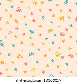 Cute childish seamless pattern with hand drawn cartoon elements. Background in scandinavian style. Great for birthday, fabric, cards, wrapping, textile. Vector illustration