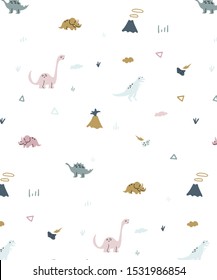 Cute childish seamless pattern with hand drawn dino in Scandinavian style. Creative vector childish background for fabric, textile, wrapping paper