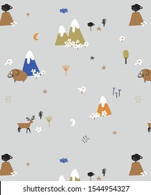 Cute childish seamless pattern with hand drawn stone age in Scandinavian style with mammoth, deer, mountain and volcano motifs. Creative vector background for fabric, textile and wrapping paper