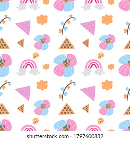 Cuidado patrón infantil sin costura con flores dibujadas a mano. Vector de fondo escandinavo para tela, textil, impresión, tarjeta de saludo.
