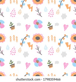 Cute childish seamless pattern with hand drawn flowers. Vector scandinavian background for fabric, textile, print, greeting card.