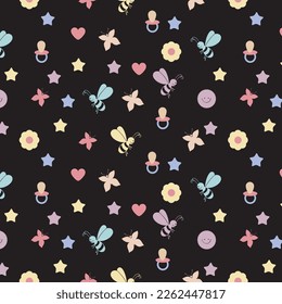 Cute childish seamless pattern with hand drawn cartoon elements. Background with butterflies for kids. Great for birthday, fabric, textile, cards, wrapping