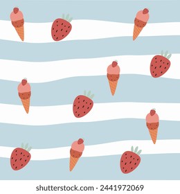 Cute Childish seamless pattern ice cream with cone, strawberry and abstract stripe on white suitable for fabric prints, wrapping paper, kids clothing, Kids Apparel, Surface Design, Packaging Pattern