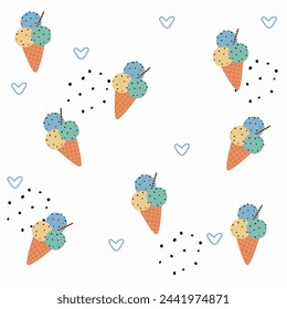 Cute Childish seamless pattern ice cream with cone, wafer roll and black dot on white suitable for fabric prints, wrapping paper, kids clothing, Kids Apparel, Surface Design, Packaging Pattern