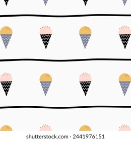 Cute Childish seamless pattern ice cream with cone with abstract black stripe on white suitable for fabric prints, wrapping paper, kids clothing, Kids Apparel, Surface Design, Packaging Pattern