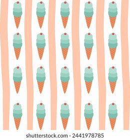 Cute Childish seamless pattern ice cream with cone and abstract stripe on white suitable for fabric prints, wrapping paper, kids clothing, Kids Apparel, Surface Design, Packaging Pattern