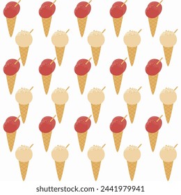 Cute Childish seamless pattern ice cream with cone on white suitable for fabric prints, wrapping paper, kids clothing, Kids Apparel, Surface Design, Packaging Pattern