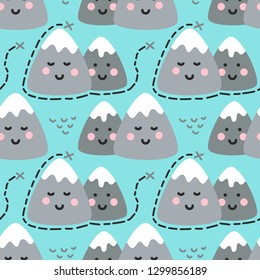 Cute childish seamless pattern with Kawaii Mountains and travel route map for your decoration