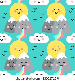 Cute childish seamless pattern with Kawaii Mountains landscape for your decoration