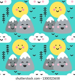 Cute childish seamless pattern with Kawaii Mountains landscape for your decoration