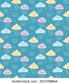 Cute childish seamless pattern with kawaii baby smiling clouds, colorful watercolor rain drops on blue backdrop. Sweet vector background for baby nursery, children textile, fabric. Adorable kid print