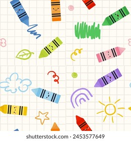 Cute childish seamless pattern with kawaii colorful crayons and hand-drawn doodle illustration. Simple Vector illustration