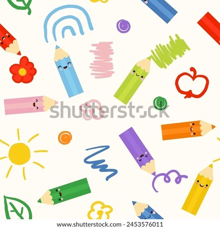 Cute childish seamless pattern with kawaii colorful pencils and hand-drawn doodle illustration. Simple Vector illustration