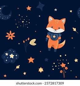 Cute childish seamless pattern with a little fox in space. Flat colorful vector illustration. Cartoon style. Freehand drawing