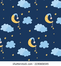 Cute childish seamless pattern with moon, clouds and stars. Pattern for childrens pajamas. Good night. Vector illustration hand drawn cartoon style.
