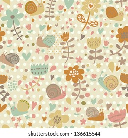 Cute childish seamless pattern with nice snails and flowers in pastel colors.  Seamless pattern can be used for wallpapers, pattern fills, web page backgrounds, surface textures.