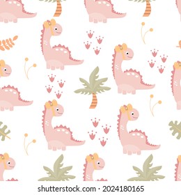 Cute childish seamless pattern with pastel dinosaurs and coconut . Background for textile and fabric. Vector illustration.