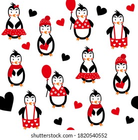 Cute childish seamless pattern of penguins and hearts on a white background. 