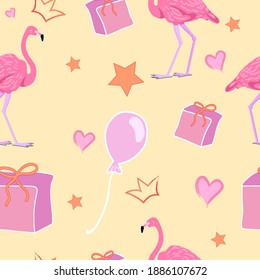 cute childish Seamless pattern with pink flamingo, gift, heart, bow, button, star in pastel colors. Vector modern Illustration. For gift wrapping, textile, wallpaper, scrubbing, web page lights, fill