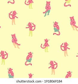 Cute childish  seamless pattern with pink cheetahs  or leopards on white background. Tropical  baby animals. Fashionable fabric design for kids clothing.