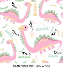 Cute childish seamless pattern pink pastel dinosaurs with yellow bow on white background. Background for textile, fabric, nursery, typography. Vector illustration.