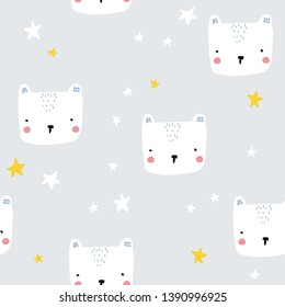 Cute childish seamless pattern with polar bear and stars. Pastel nordic print. Vector hand drawn illustration.