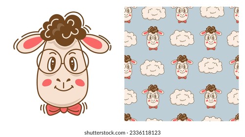 Patrón infantil sin costura e impresión con animal. Fondo sin costuras de color pastel con ovejas sonrientes y nubes para los niños, tela, diseño de ropa. Ilustración vectorial dibujada por mano