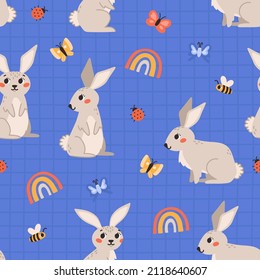 Cute childish seamless pattern with rabbit, rainbow, butterflies on a checkered background. Cartoon vector illustration. Nursery Print for textiles and paper.