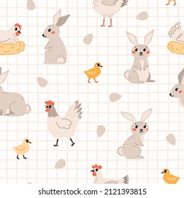 Cute childish seamless pattern with rabbit, chicken, egg and chick on a checkered background. Cartoon vector illustration. Nursery Print for textiles and paper.