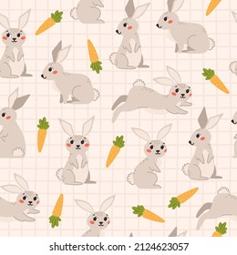 Cute childish seamless pattern with rabbit and carrot on a checkered background. Cartoon vector illustration. Nursery Print for textiles and paper.