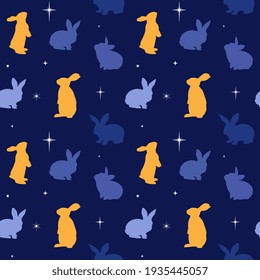 Cute childish seamless pattern  with rabbits and stars in cartoon style.