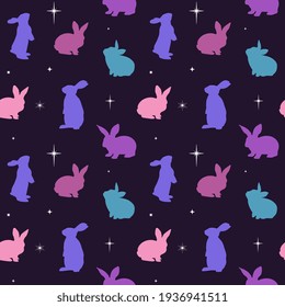 Cute childish seamless pattern  with rabbits and stars in cartoon style.