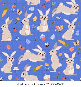 Cute childish seamless pattern with rabbits, eggs, butterflies on a checkered background. Cartoon vector illustration. Nursery Print for textiles and paper. Happy Easter